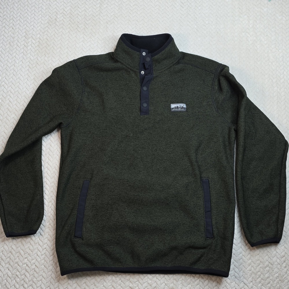 Eddie Bauer Mens Sweater‎ Fleece Pullover Snap Mock Neck Olive Green Small